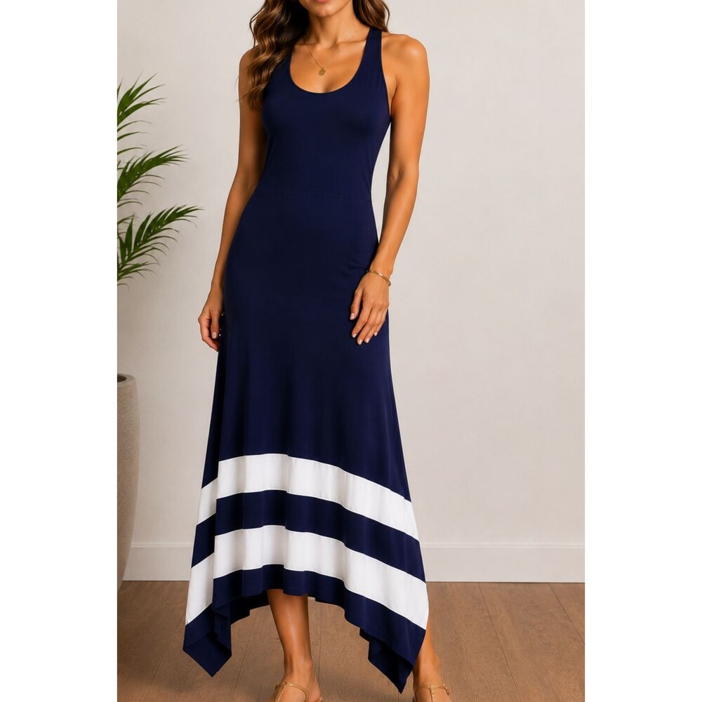 Venus Navy Blue White Stripe Asymmetric Hem Tank Dress Coastal Resortwear Medium